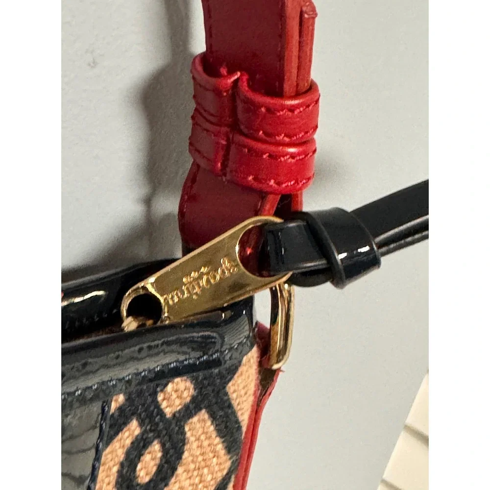 Spartina 449 Woven Linen Shoulder Bag Red Leather Black Patent Geometric Lattice